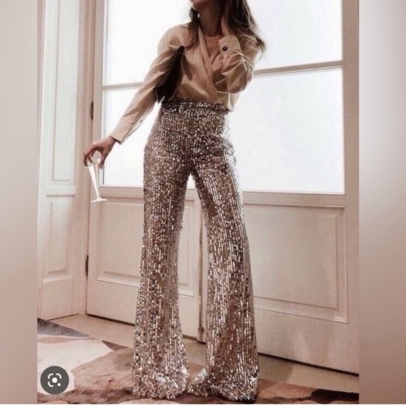 ZARA Silver Nude Flare Sequin Pants - Picture 2 of 16